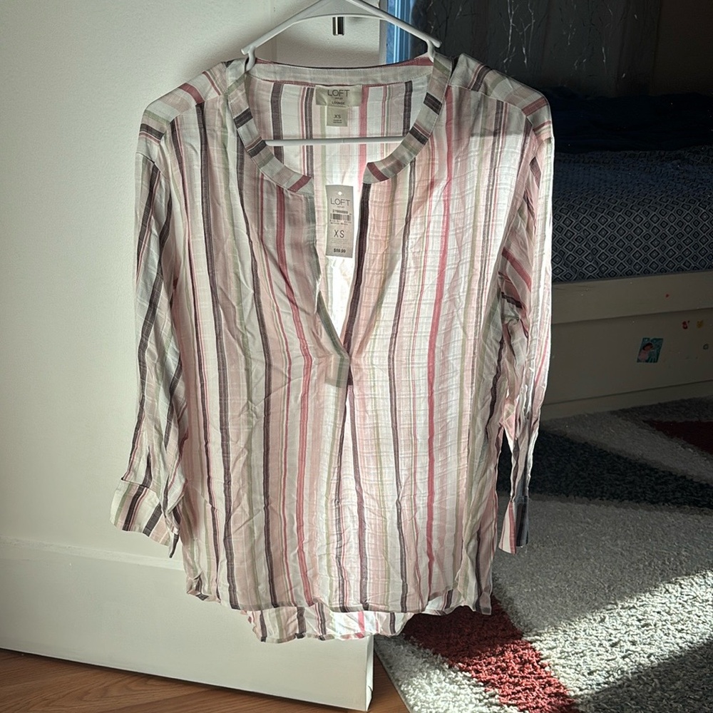 Loft Women's Striped Top - Pink and White